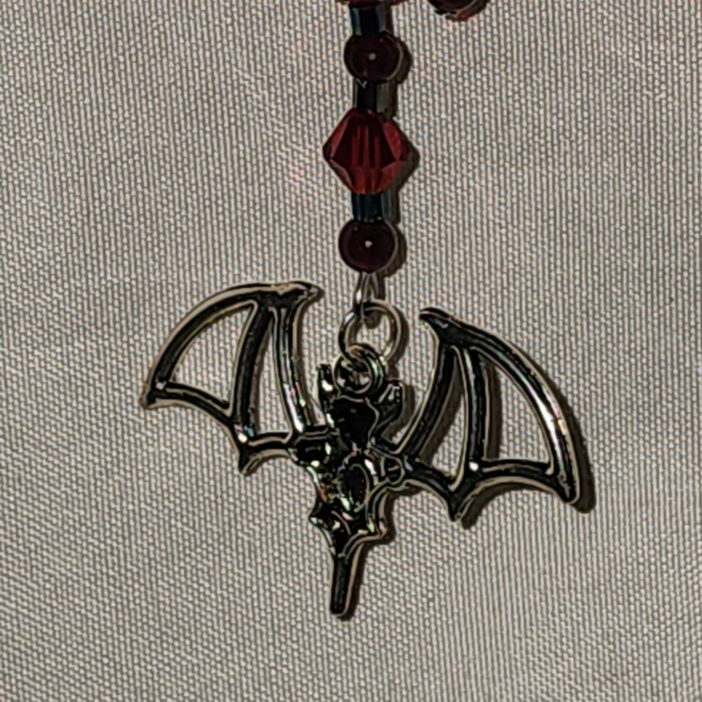 Handmade Gothic Red Crystal, Genuine Garnet and Silver Bat Pendant Necklace - Picture 7 of 14